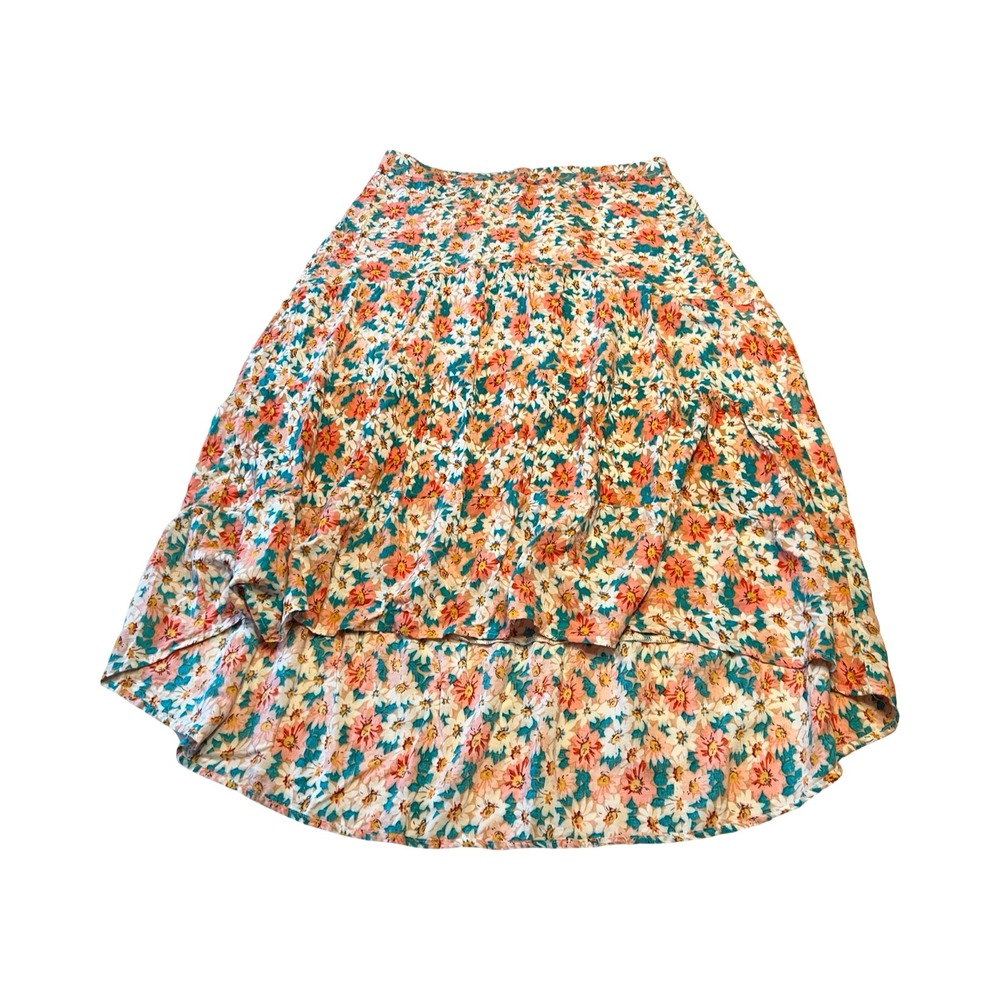 Floral Daisy Tiered High Low Midi Skirt Orange Pink Teal Viscose XL
